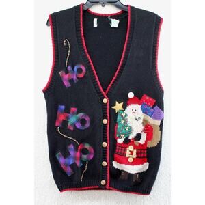 Sweater Vest Embroider Christmas Santa Clause Wood Buttons Ugly Cute Beaded S M